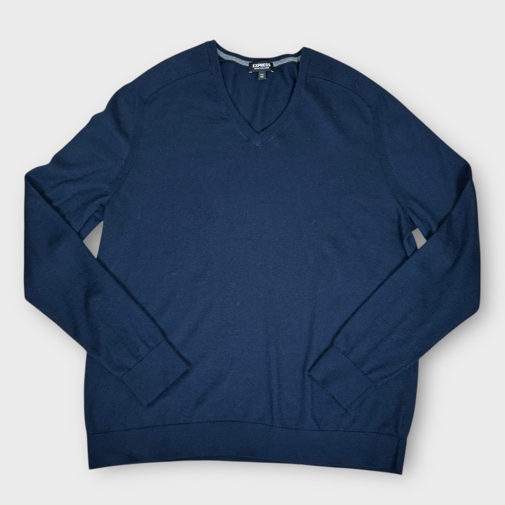 Express Mens Navy Blue V Neck Merino Wool Blend Sweater‎ Long Sleeve Size XXL